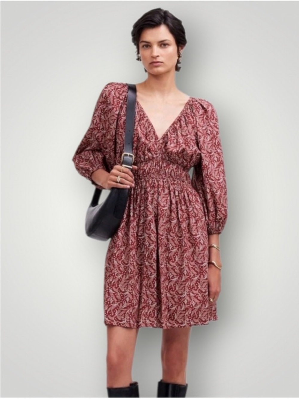 NWT Madewell Puff-Sleeve cottage core V-Neck Mini Dress Paisley Floral Rust Red